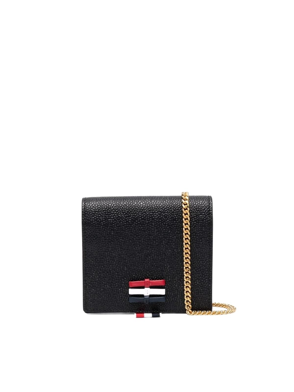 Thom Browne 3-bow Card Holder W/ Chain Strap In Pebble Grain Leather - L12, H13, W3