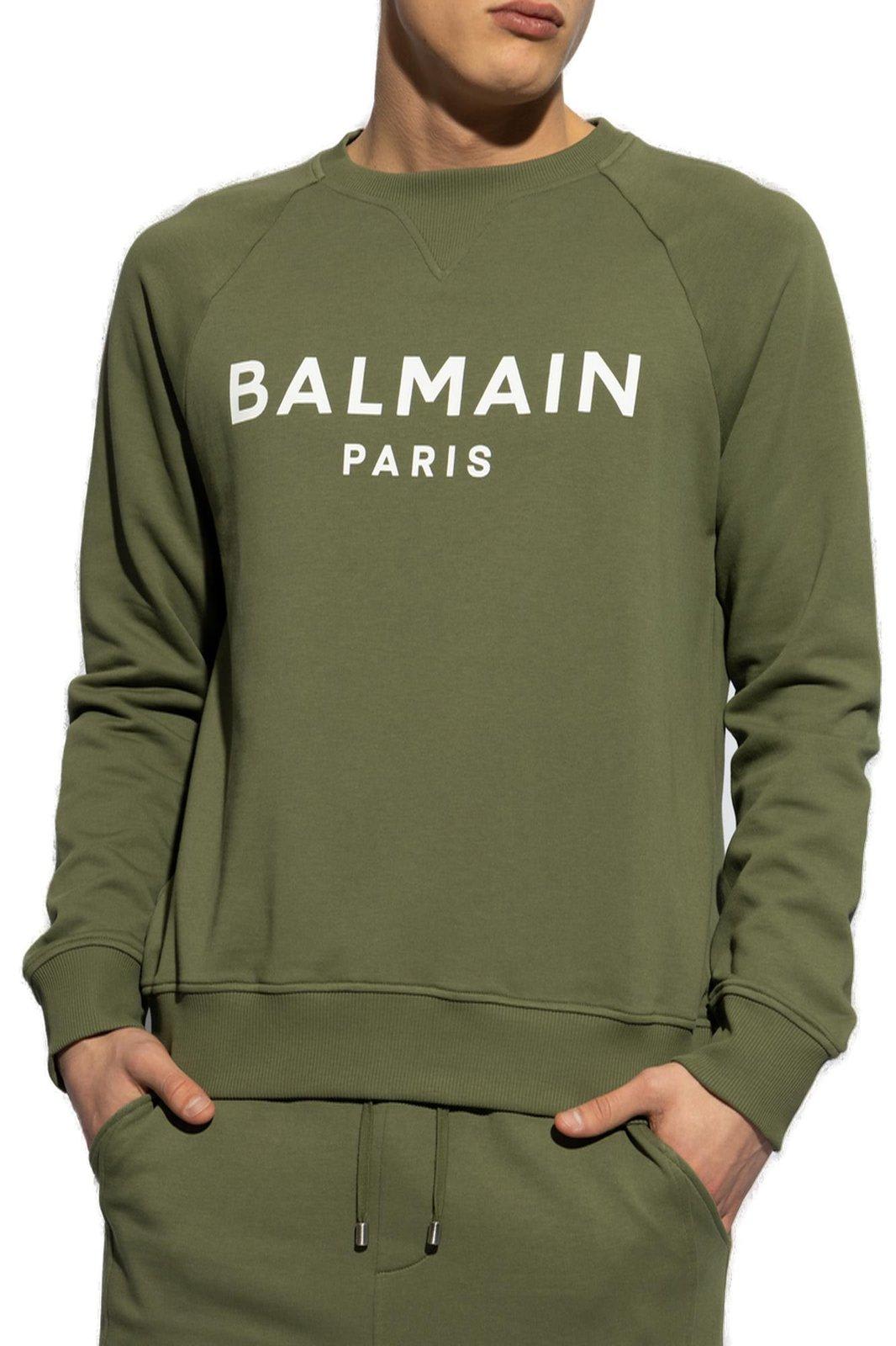 Shop Balmain Logo Printed Crewneck Sweatshirt In Kaki/blanc