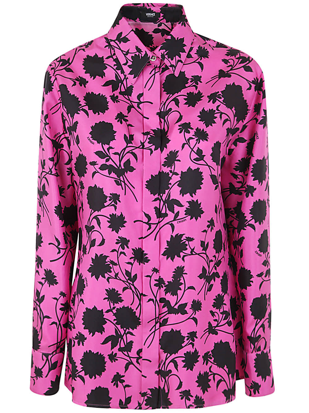 Shop Versace Informal Shirt Floral Silhouette Print Twill Silk Fabric 50% In Waterlily Black