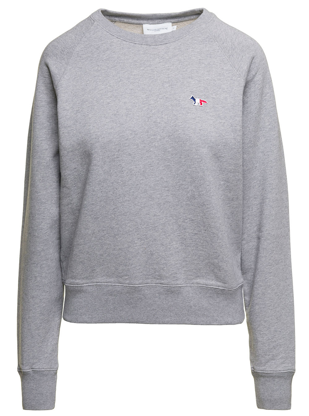 MAISON KITSUNÉ CREWNECK SWEATSHIRT WITH EMBROIDERED LOGO PATCH IN GREY COTTON WOMAN