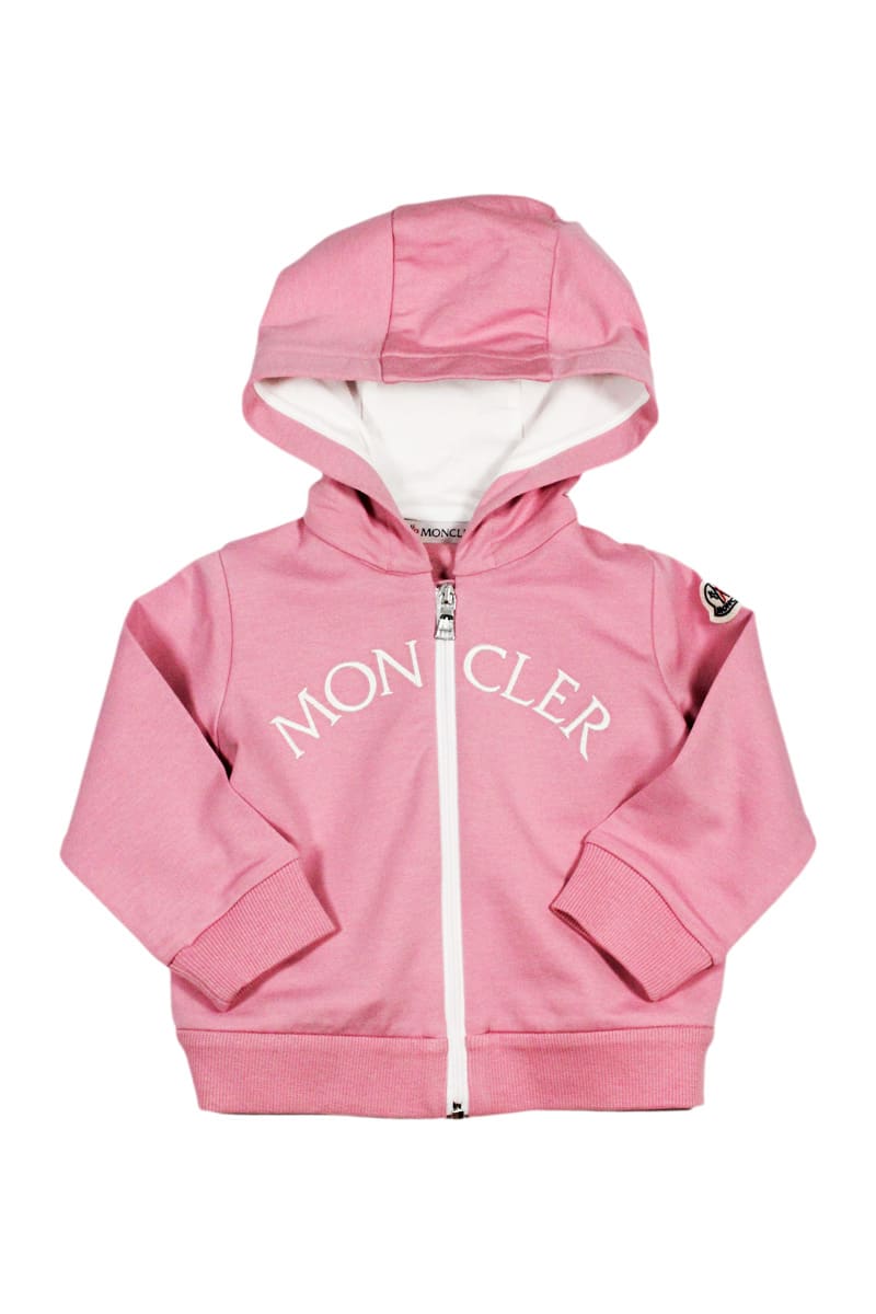 Moncler Babies' Cotton Sweatshirt With Zip And Hood And Logo Lettering On The Front In Pink