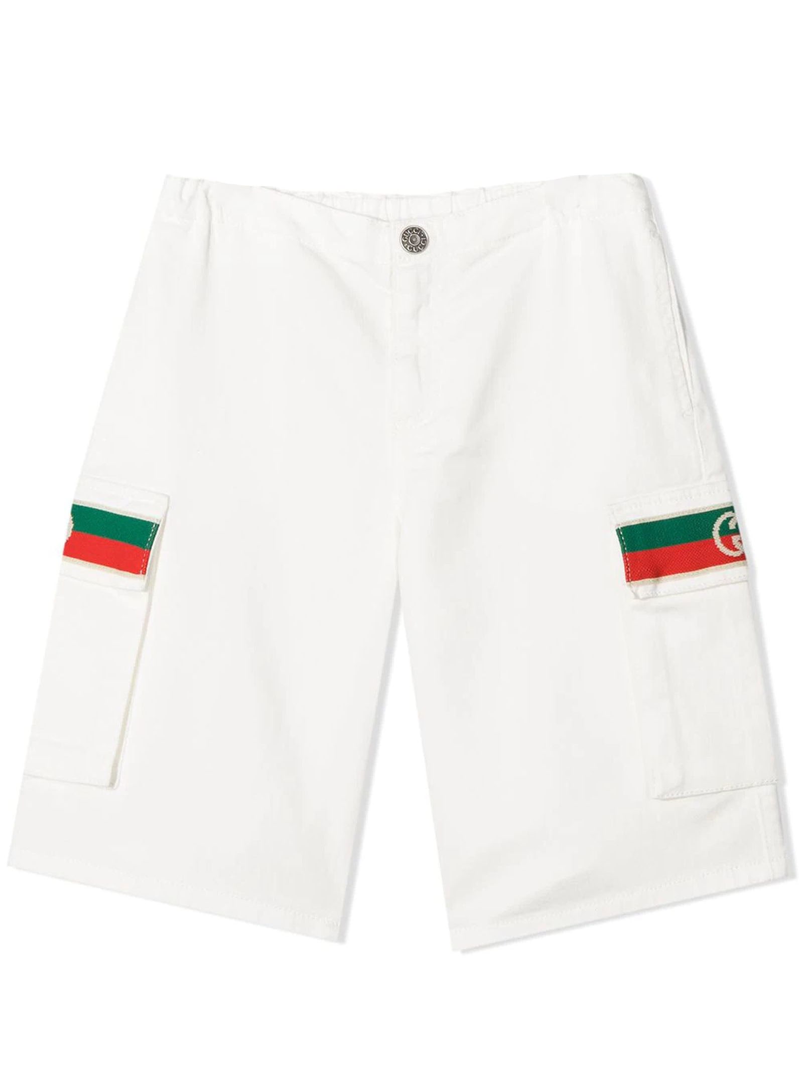Gucci Kids' Stretch Cotton Shorts W/ Knit Ribbon In Bianco