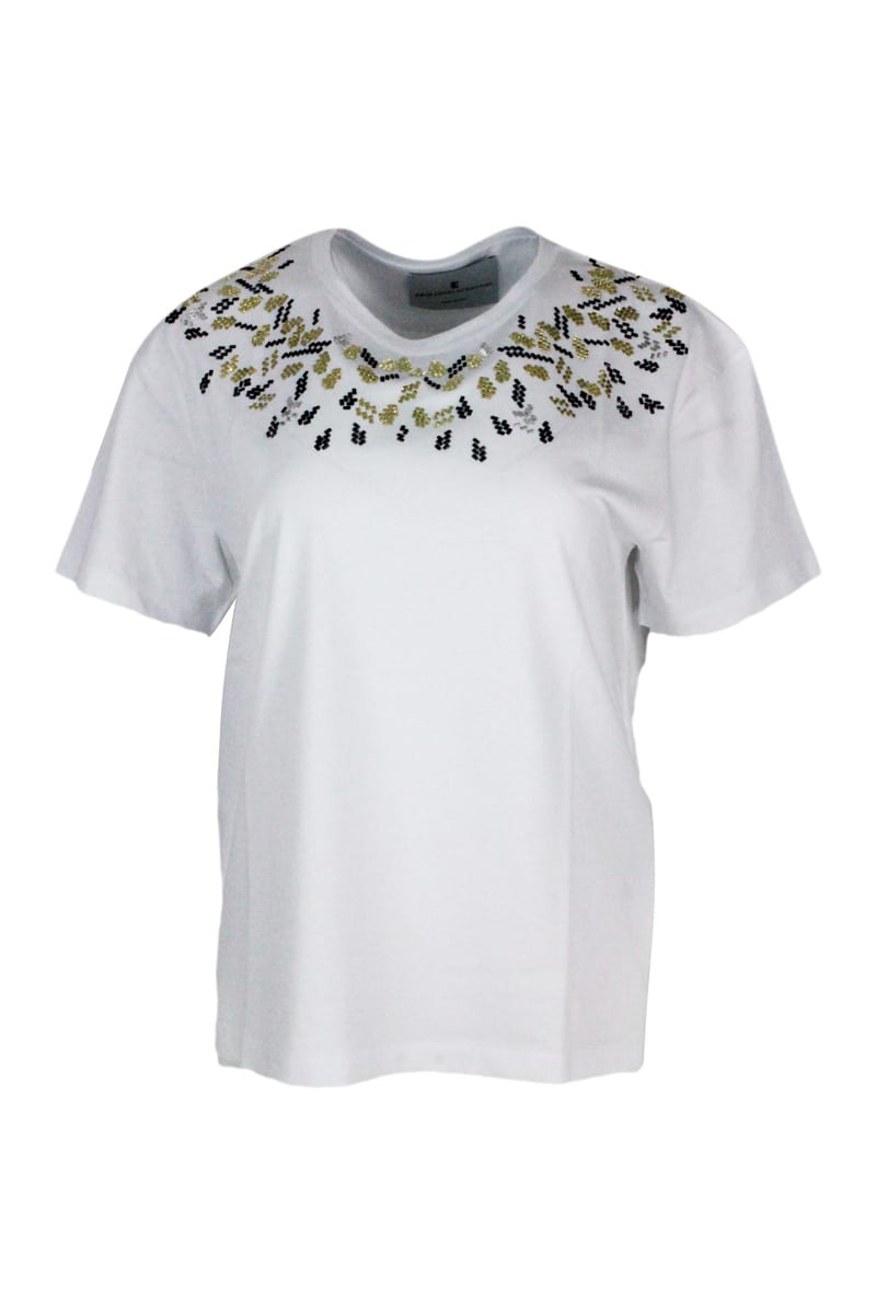 Short-sleeved Round-neck Cotton T-shirt Embellished With Applied Crystals