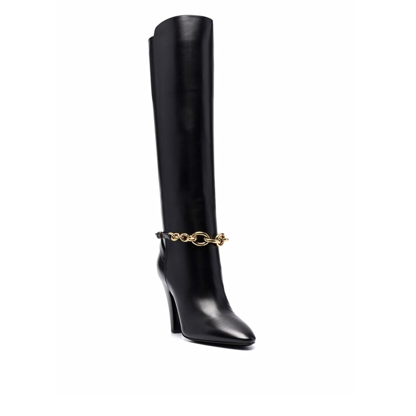 Saint Laurent Leather Boots With Gold Tone Chain Detail In Black