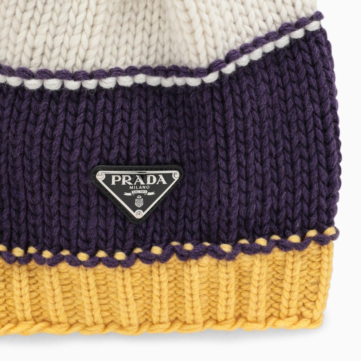 PRADA YELLOW\/PAPAYA STRIPED WOOL AND CASHMERE HAT