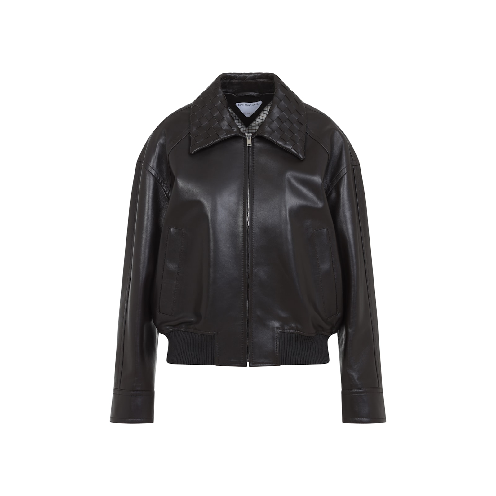 Bottega Veneta Intrecciato Collar Leather Jacket In Black