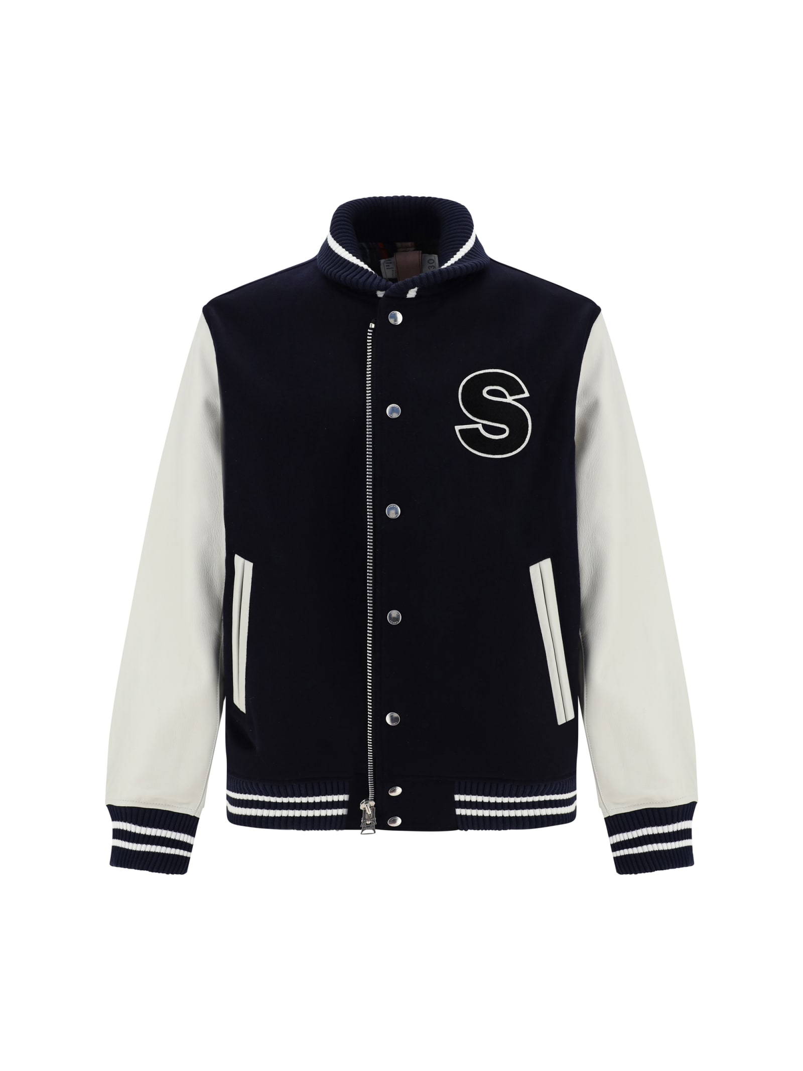 Shop Sacai Interstellar College Jacket In Navyxoff White
