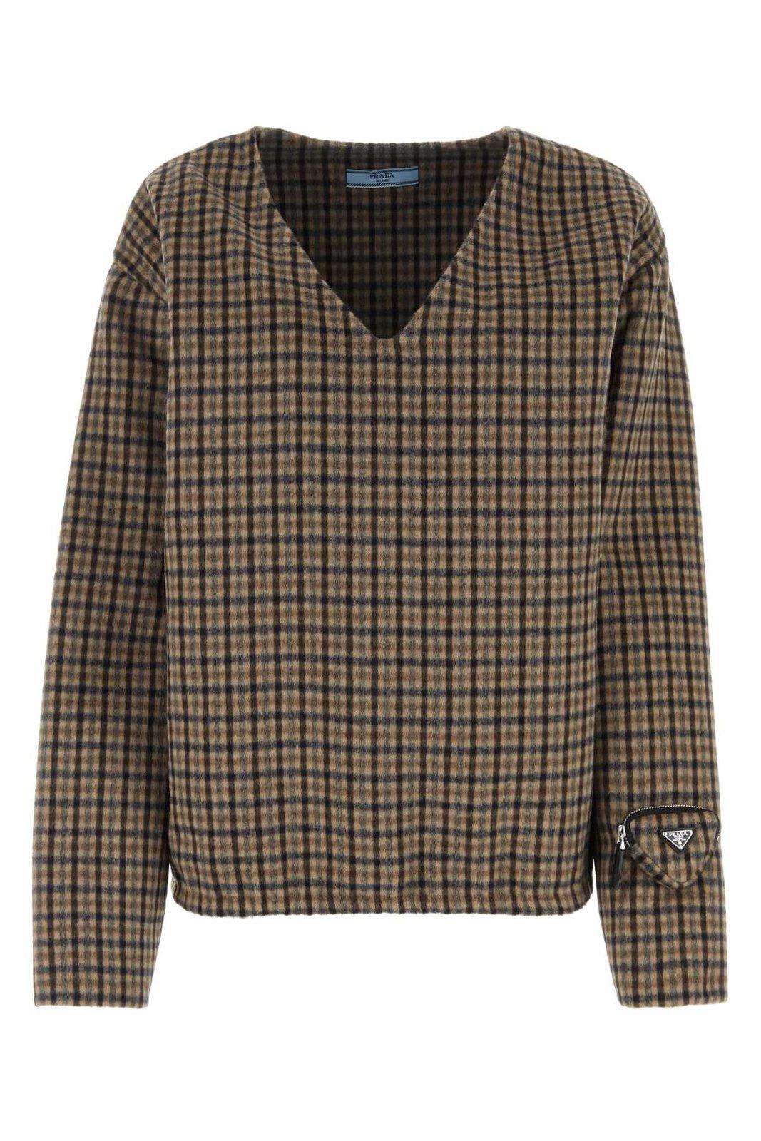 Prada V-neck Checked Pullover In Tabacco