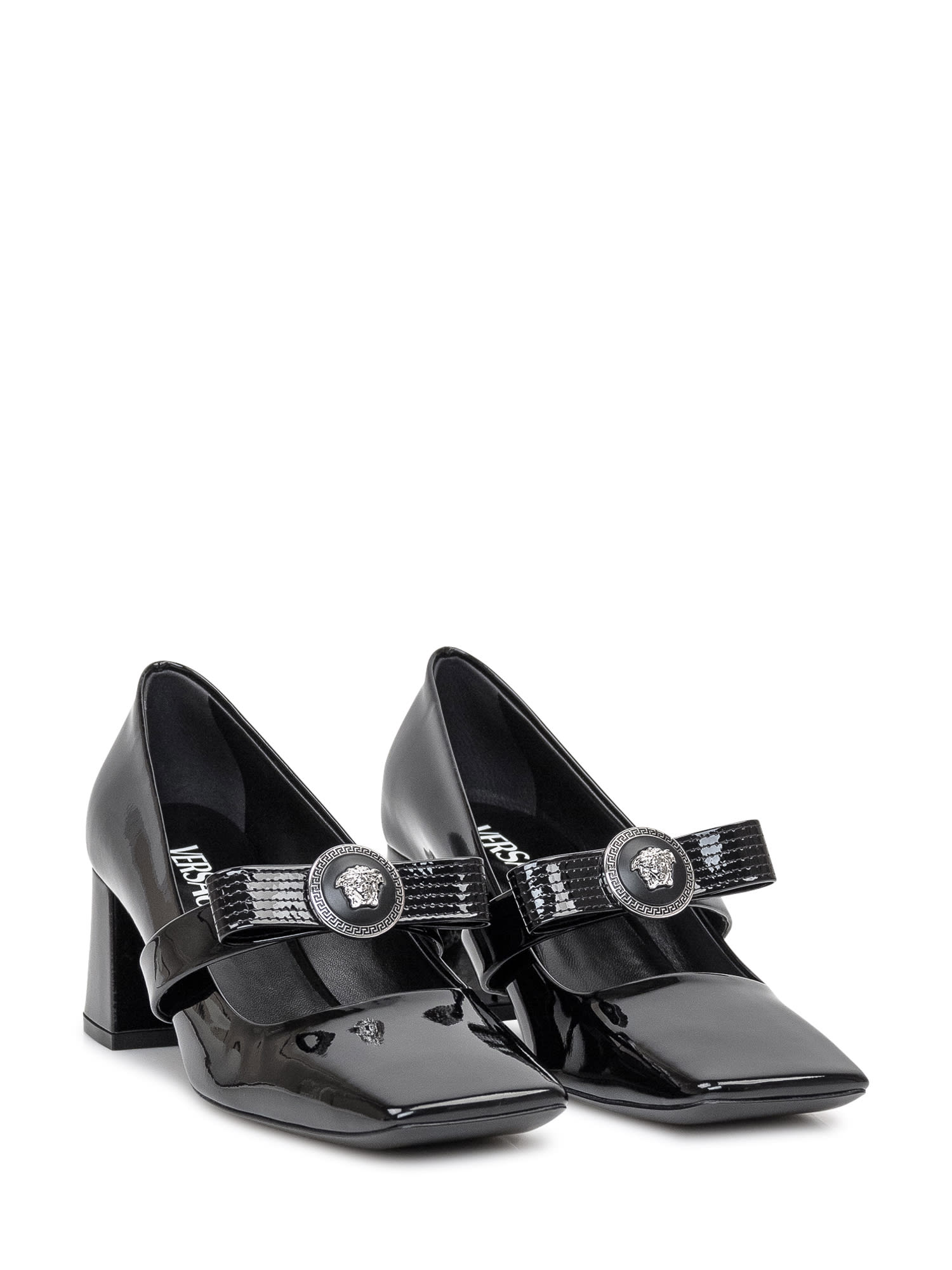 Shop Versace Dècollettè Wide Heel In Black-palladium