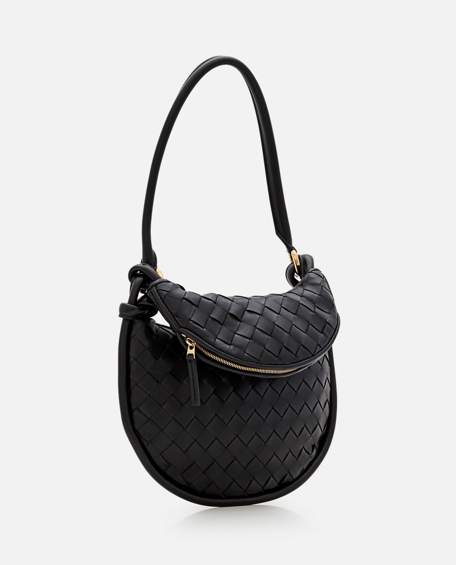 Shop Bottega Veneta Gemelli Small Leather Shoulder Bag In Black M Brass