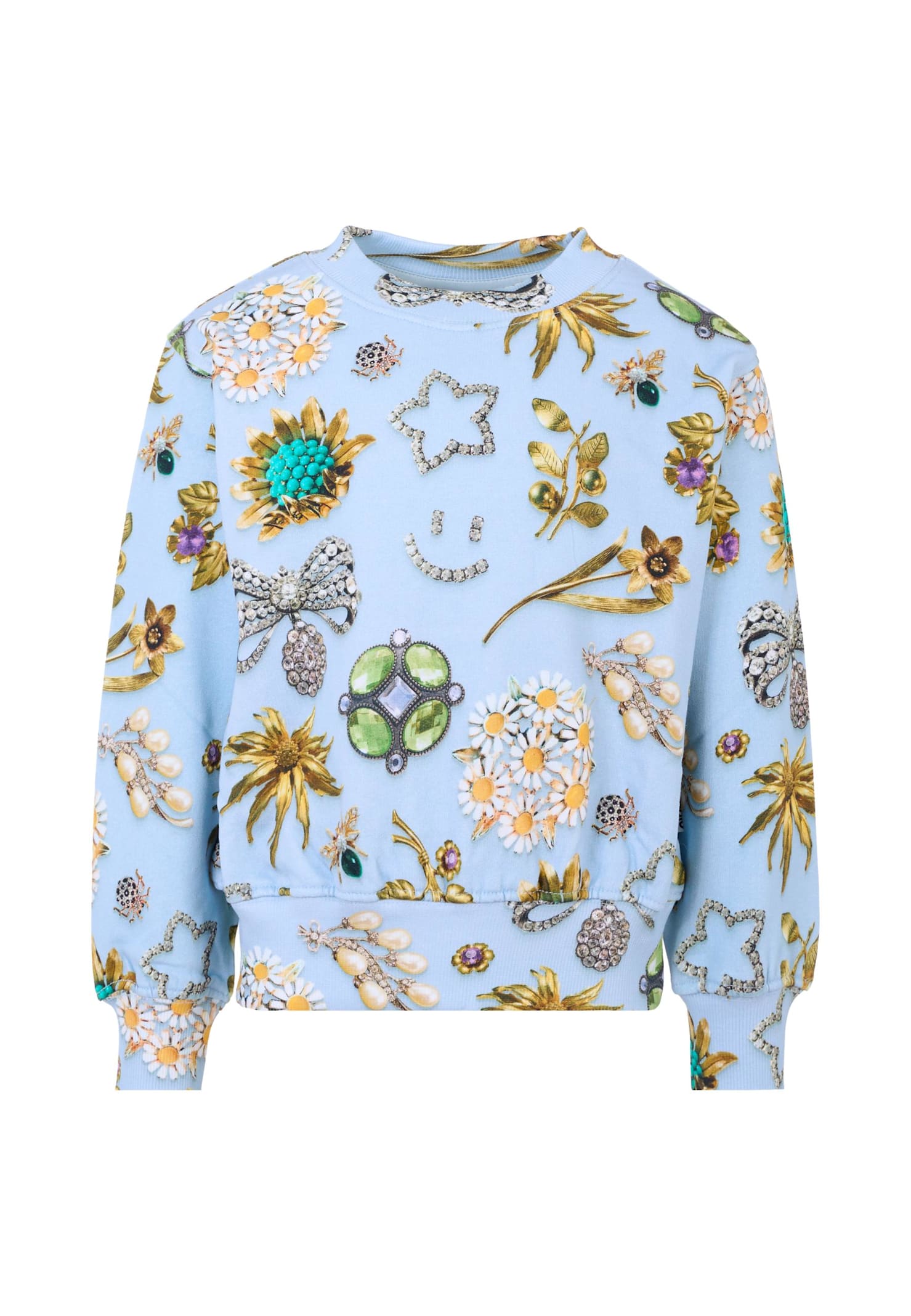 Molo Light Blue Sweatshirt For Girl With Jewel Print In Multi
