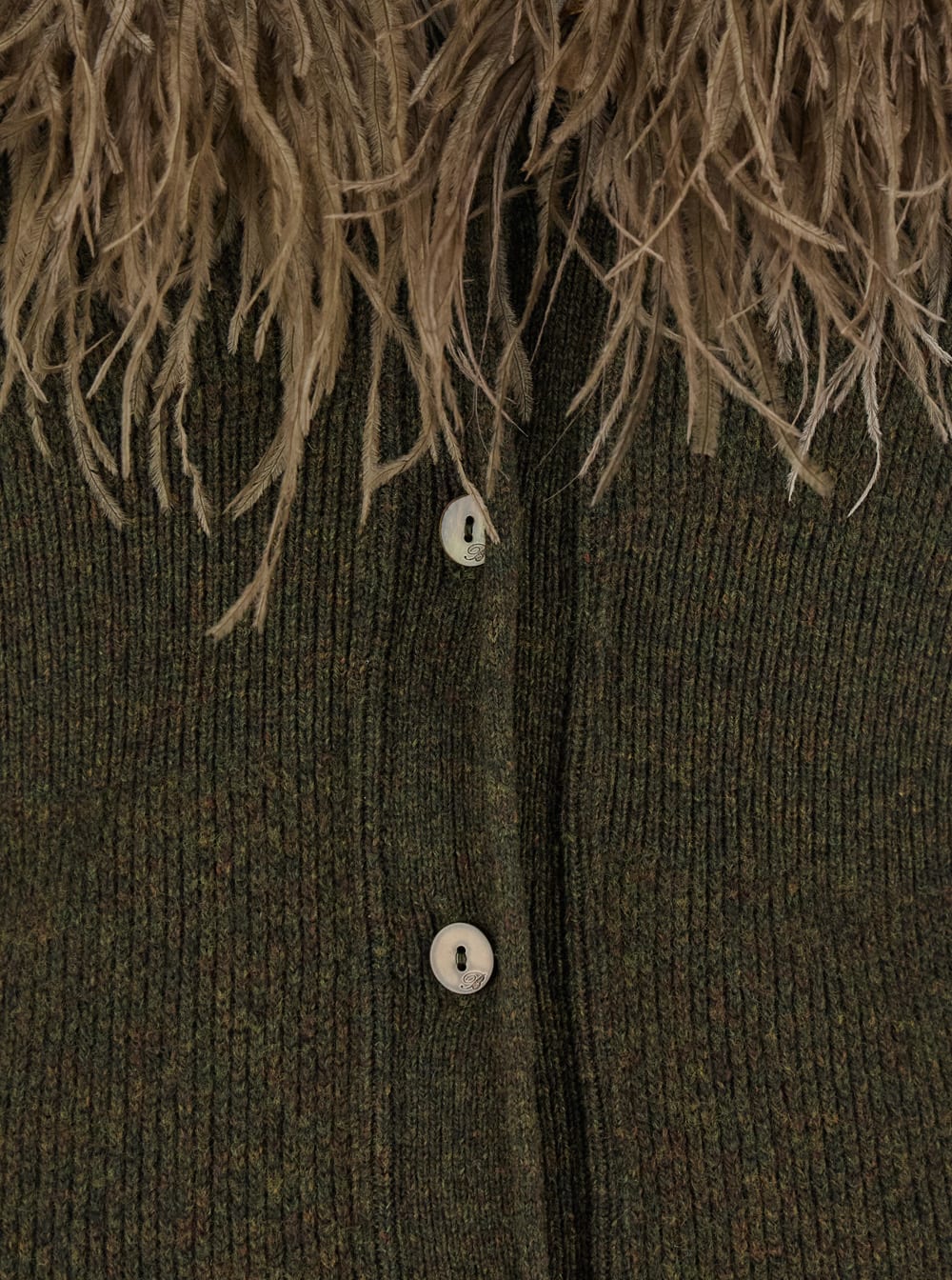 Blumarine Green Cardigan With Removable Feather Collar In Wool Woman In Green