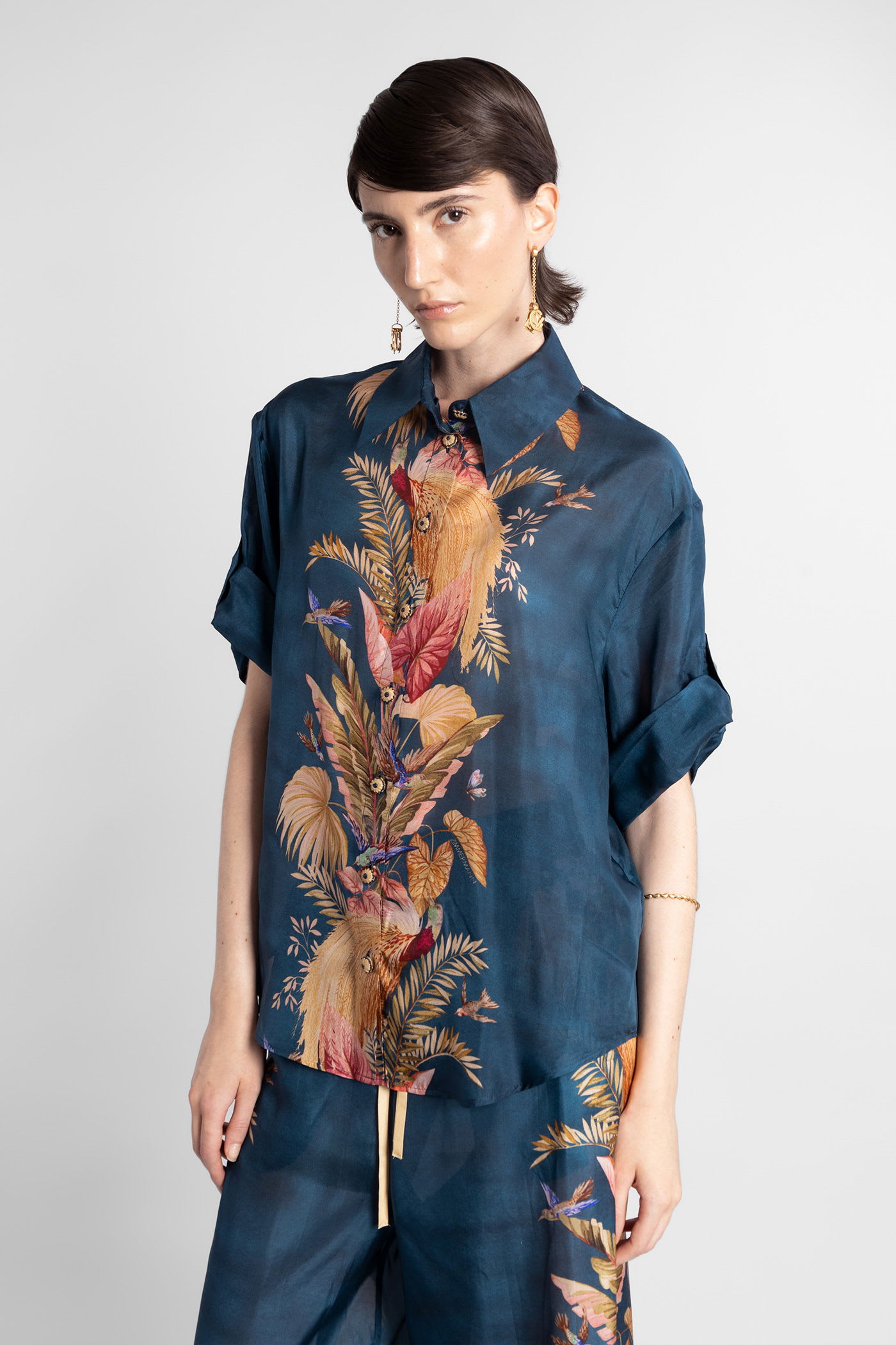 Zimmermann Womens Dark Blue Palm Floral Ascension Relaxed-fit Silk Shirt Xs In Blue