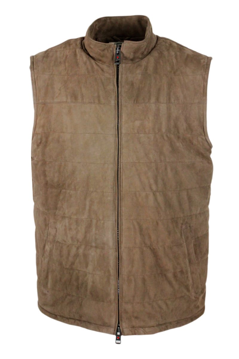 Kired Lightly Padded Soft Suede Sleeveless Gilet With Zip Closure