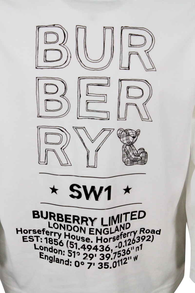 Shop Burberry Long-sleeved Crew-neck T-shirt In Stretch Cotton With Drawn Logo In White