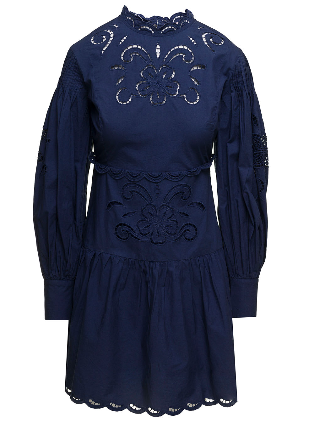 TWINSET TWIN SET WOMANS BLUE COTTON DRESS WITH EMBROIDERED INSERTS