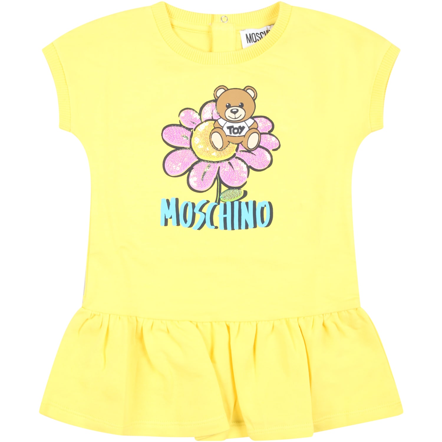 Shop Moschino Yellow Dress For Baby Girl With Teddy Bear And Flowers