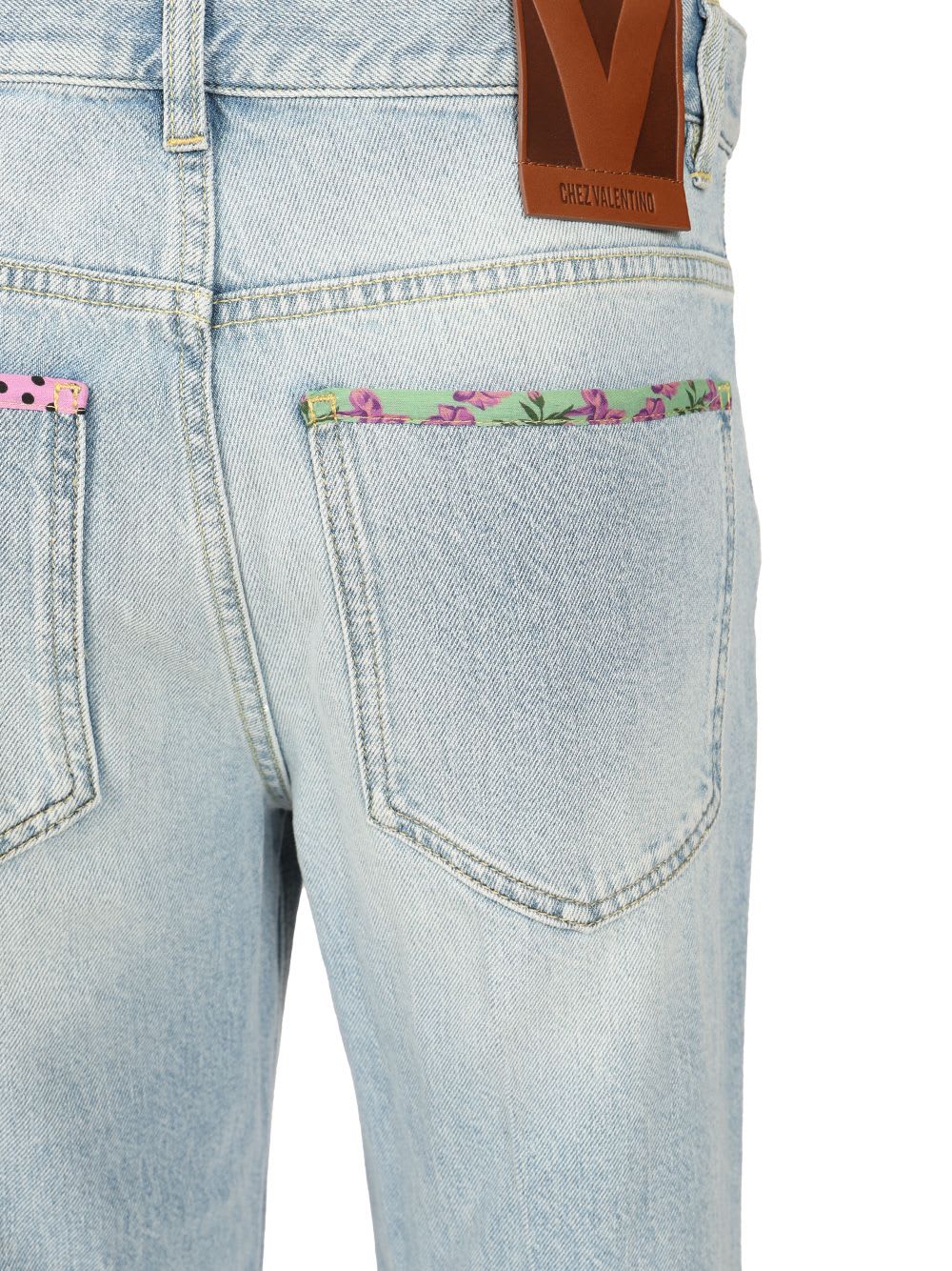 Valentino Denim Trousers With Embroidered Flower Trim In Blue
