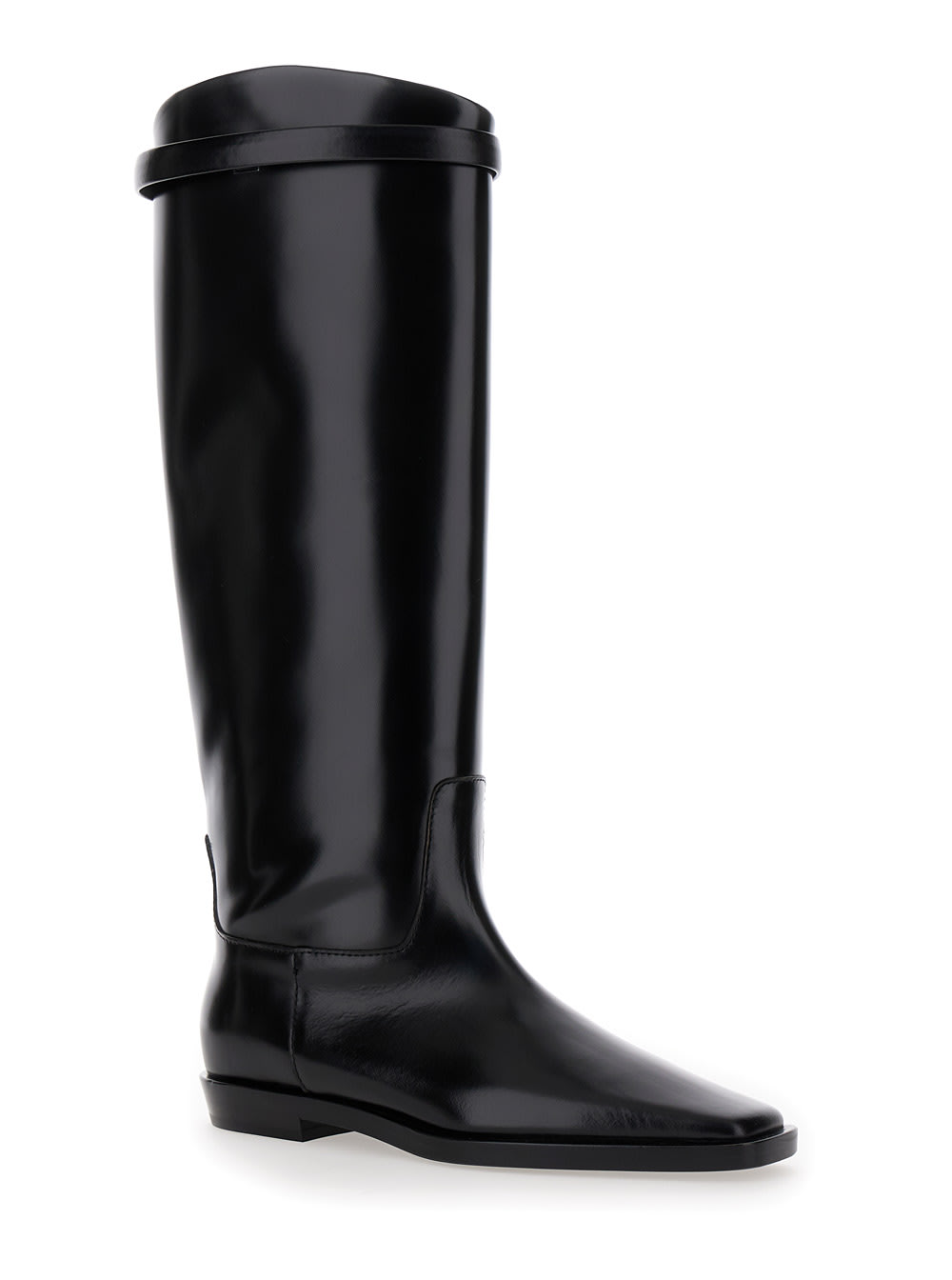 Shop Totême The Riding Boot Black Knee-high Boots With Embossed Logo In Leather Woman