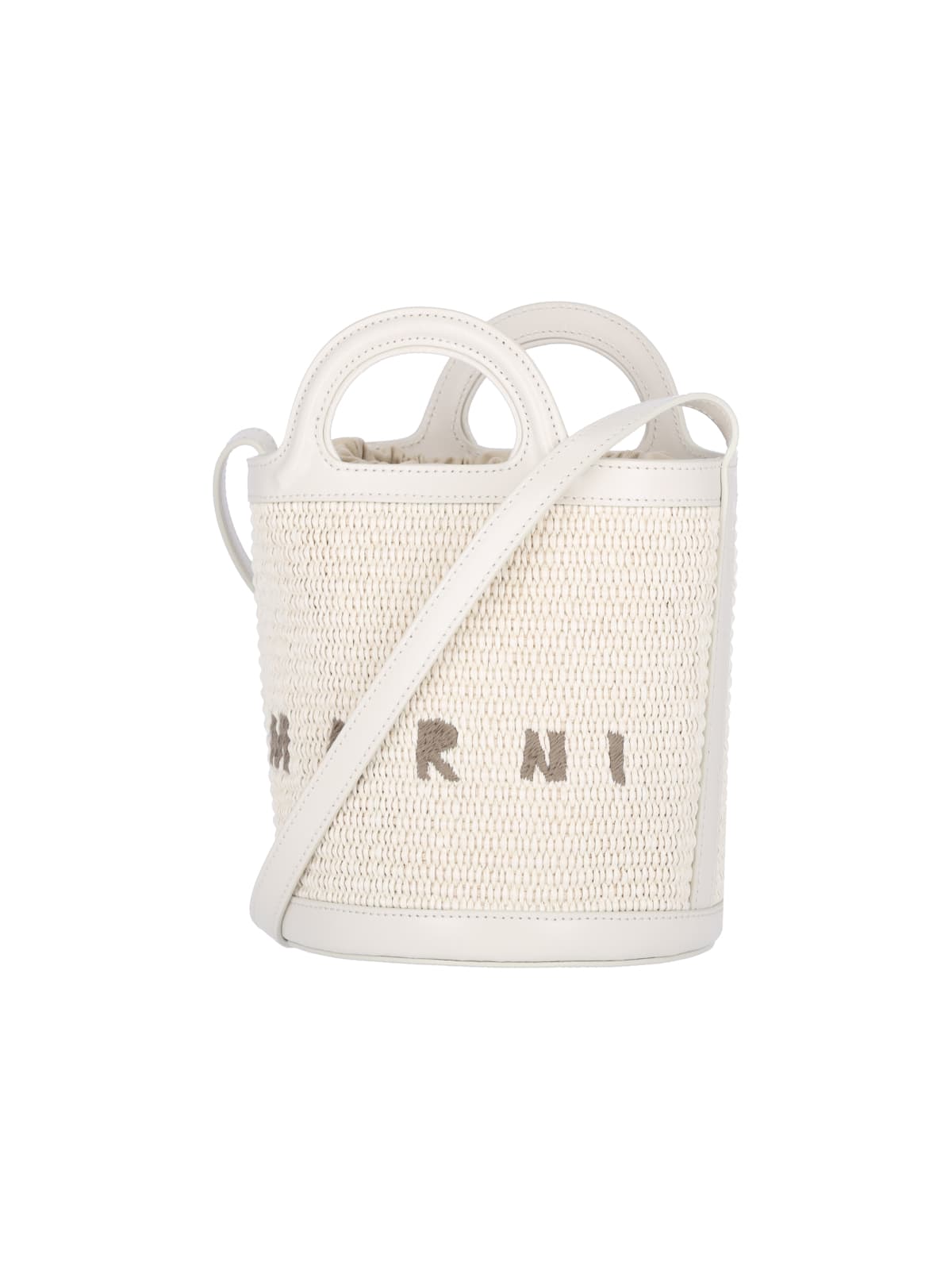 Marni Ivory Leather And Raffia Tropicalia Bucket Bag In White