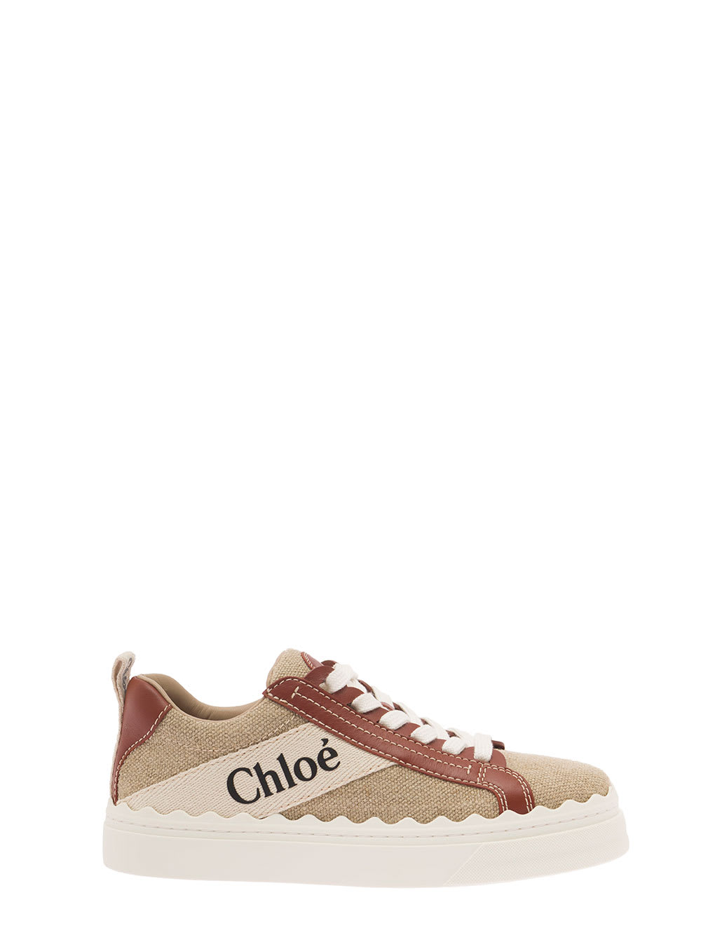 Shop Chloé Lauren Beige Low Top Sneakers With Logo Detail And Brown Leather Trim In Canvas Woman