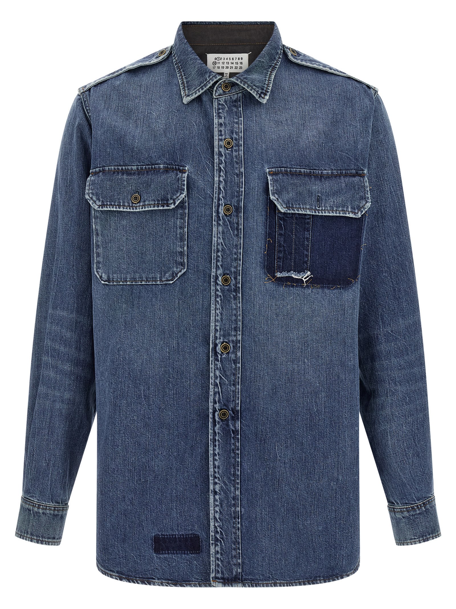Maison Margiela Used-effect Cotton Denim Shirt With Unique Badges In Blue