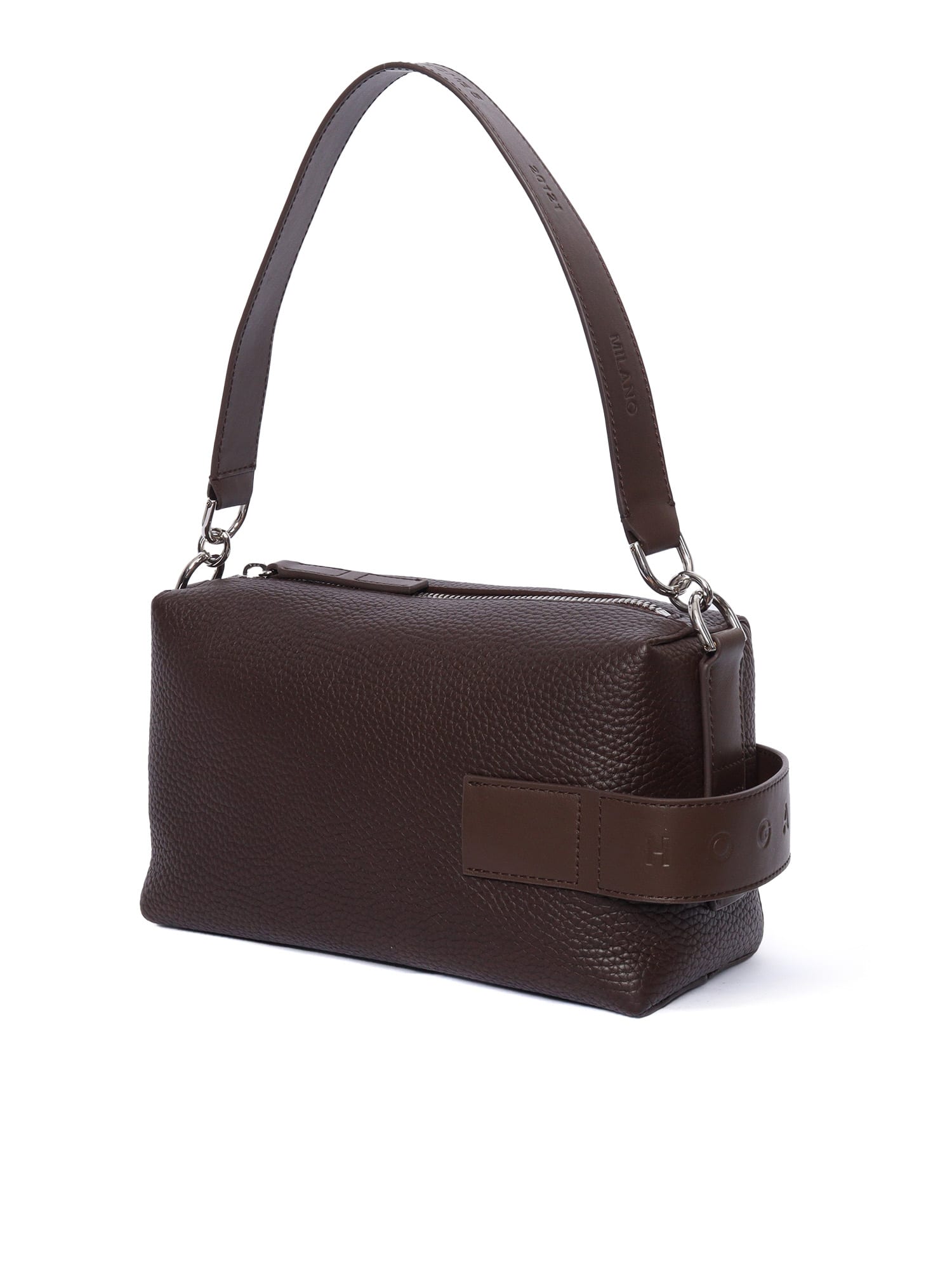 Hogan Leather Textured Rectangular Metal Hardware Shoulder Bag In Brown