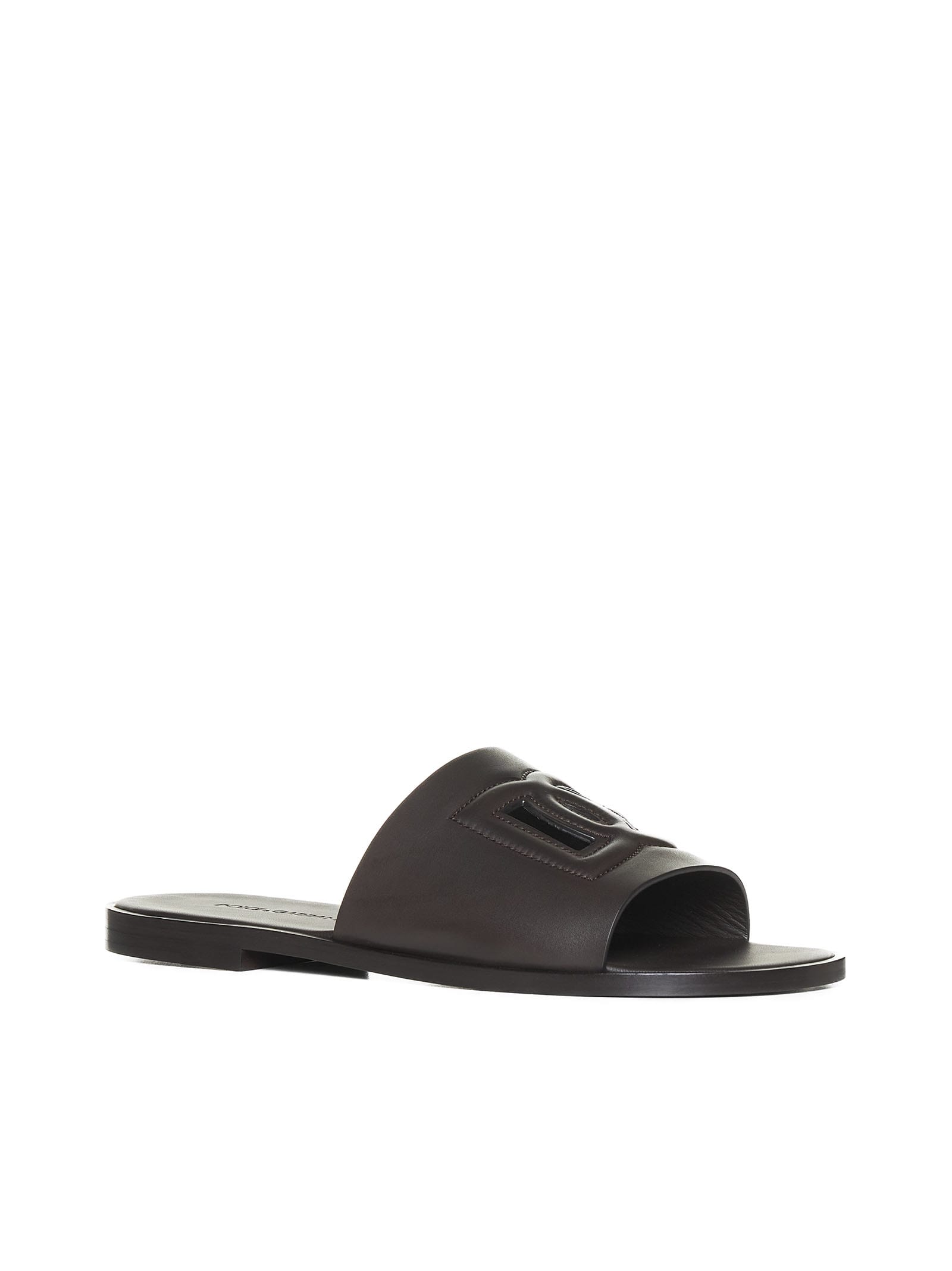 Dolce & Gabbana Black Sandals With Dg Logo Cut-out In Leather Man In Cioccolato Fondente