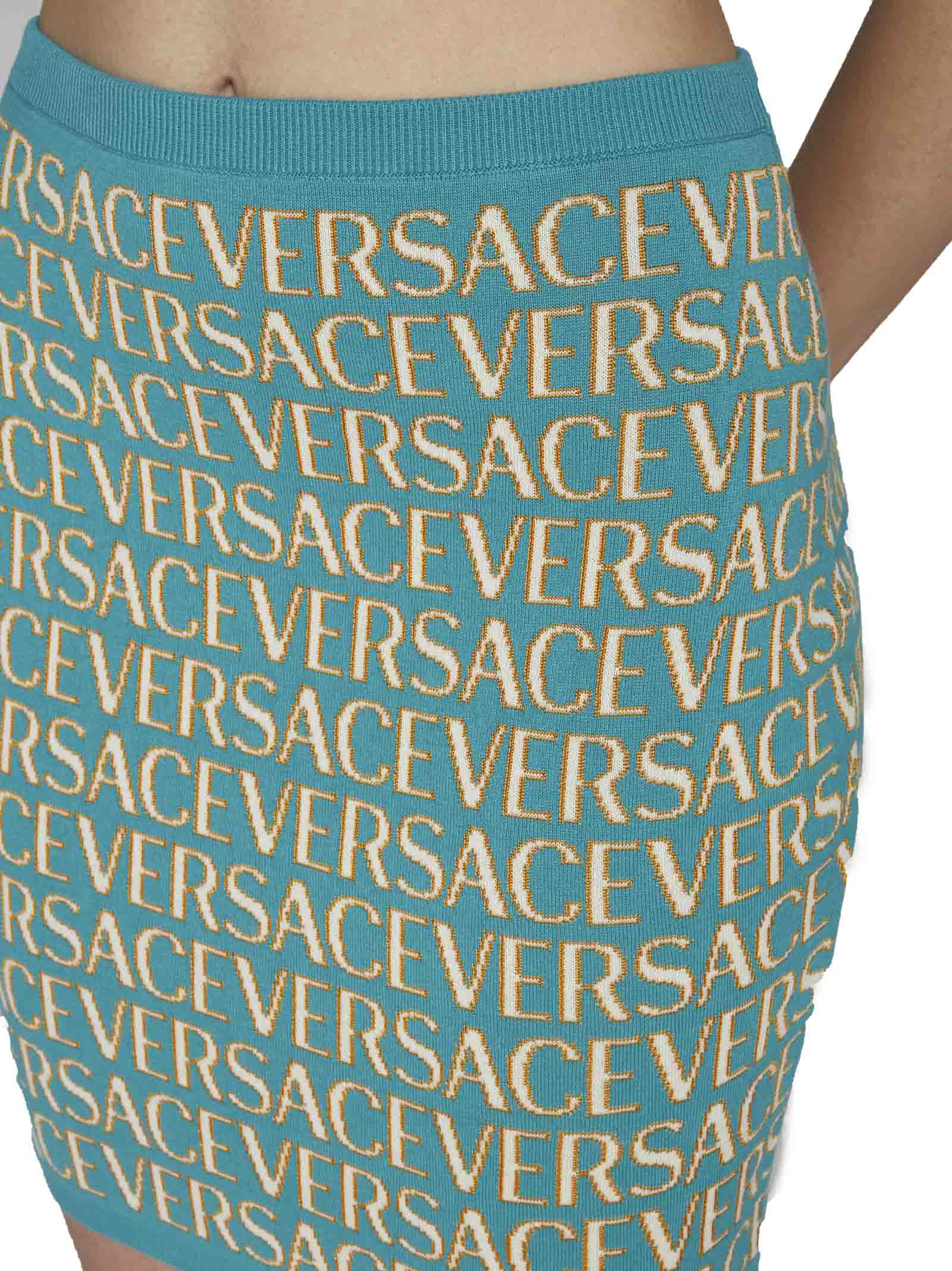 Versace Logo-print Cropped Cardigan In Turquoise