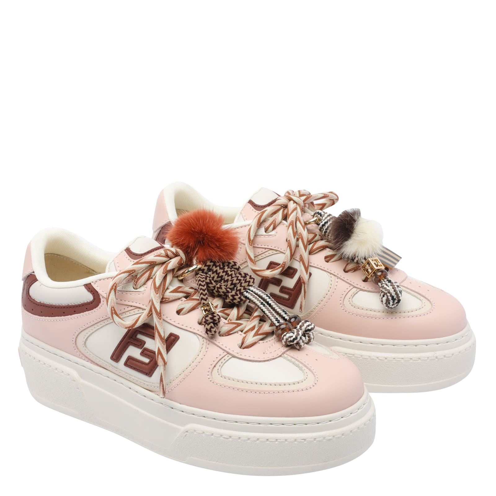 Fendi Low Top Platform Shoes In Pink Leather With Charm In Pink