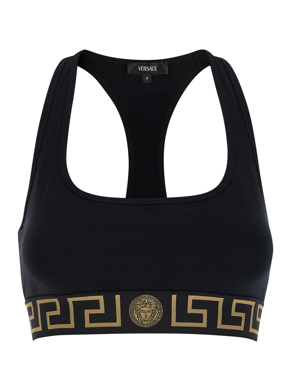 Shop Versace Black Sports Bra With Greca And Medusa Detail In Stretch Cotton Woman