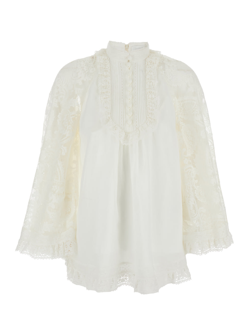 Zimmermann Ascension White Blouse With Lace Panels And Scallop Hem In Ramie Woman In Neutral