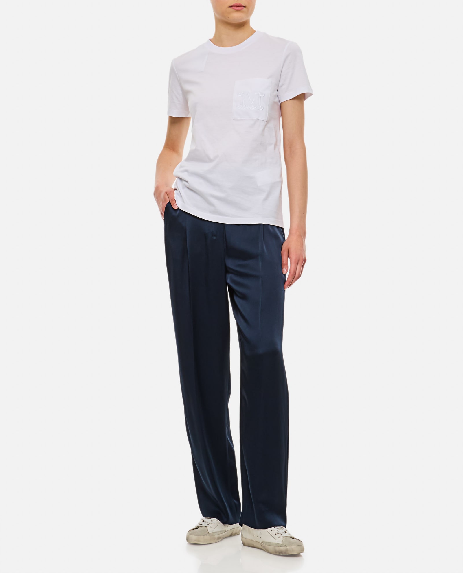 Max Mara Women 'papaia' White Crewneck T-shirt With Tonal Logo Embroidery On The Front In Cotton Wom In Optical White