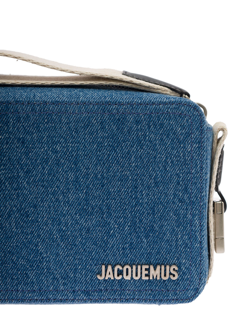 Shop Jacquemus Le Cuerda Horizontal Light Blue Messenger Bag With Logo Lettering Detail In Cotton Man In Navy