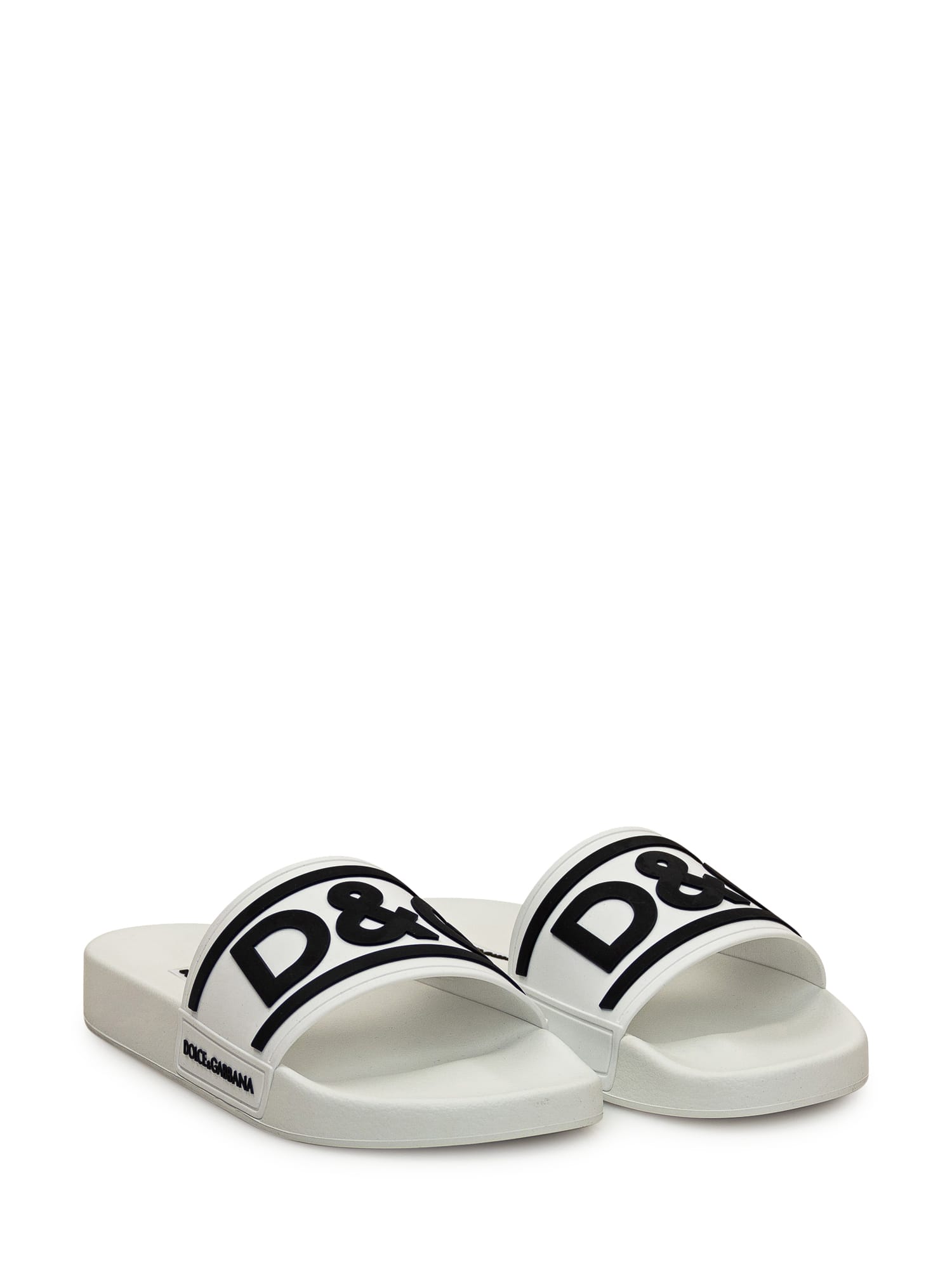 Shop Dolce & Gabbana Beachwear Slipper With Logo In Bianco/nero