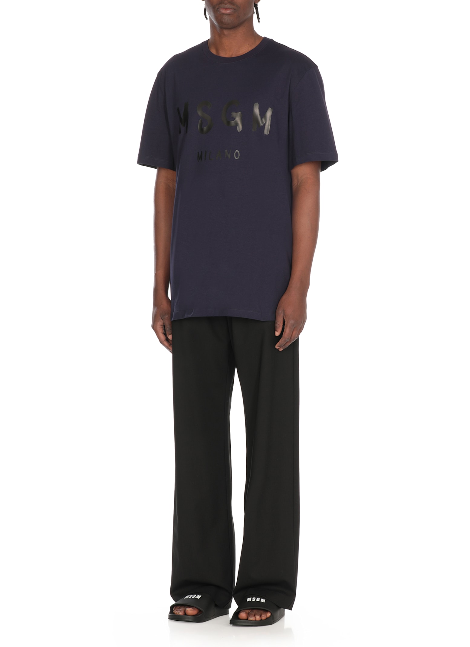 Msgm Over T-shirt In Blue Cotton With Printed Black Logo
