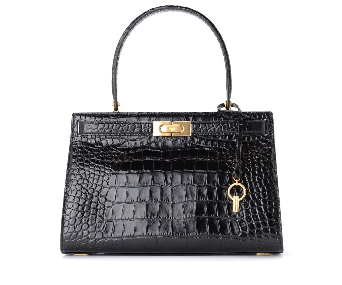 Small Tory Burch Lee Radziwill Bag In Black Leather With Crocodile Print