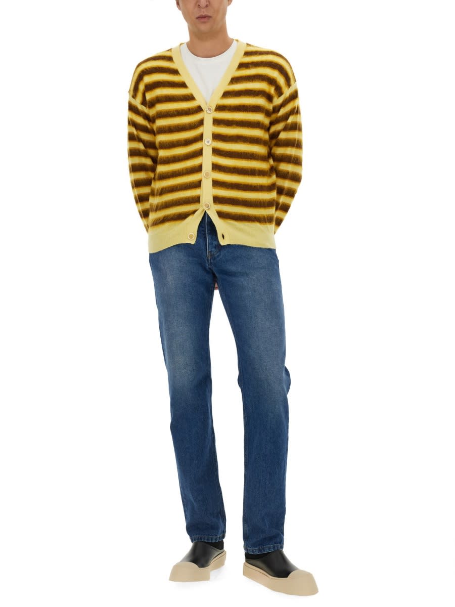 Shop Marni Striped Cardigan In Yellow