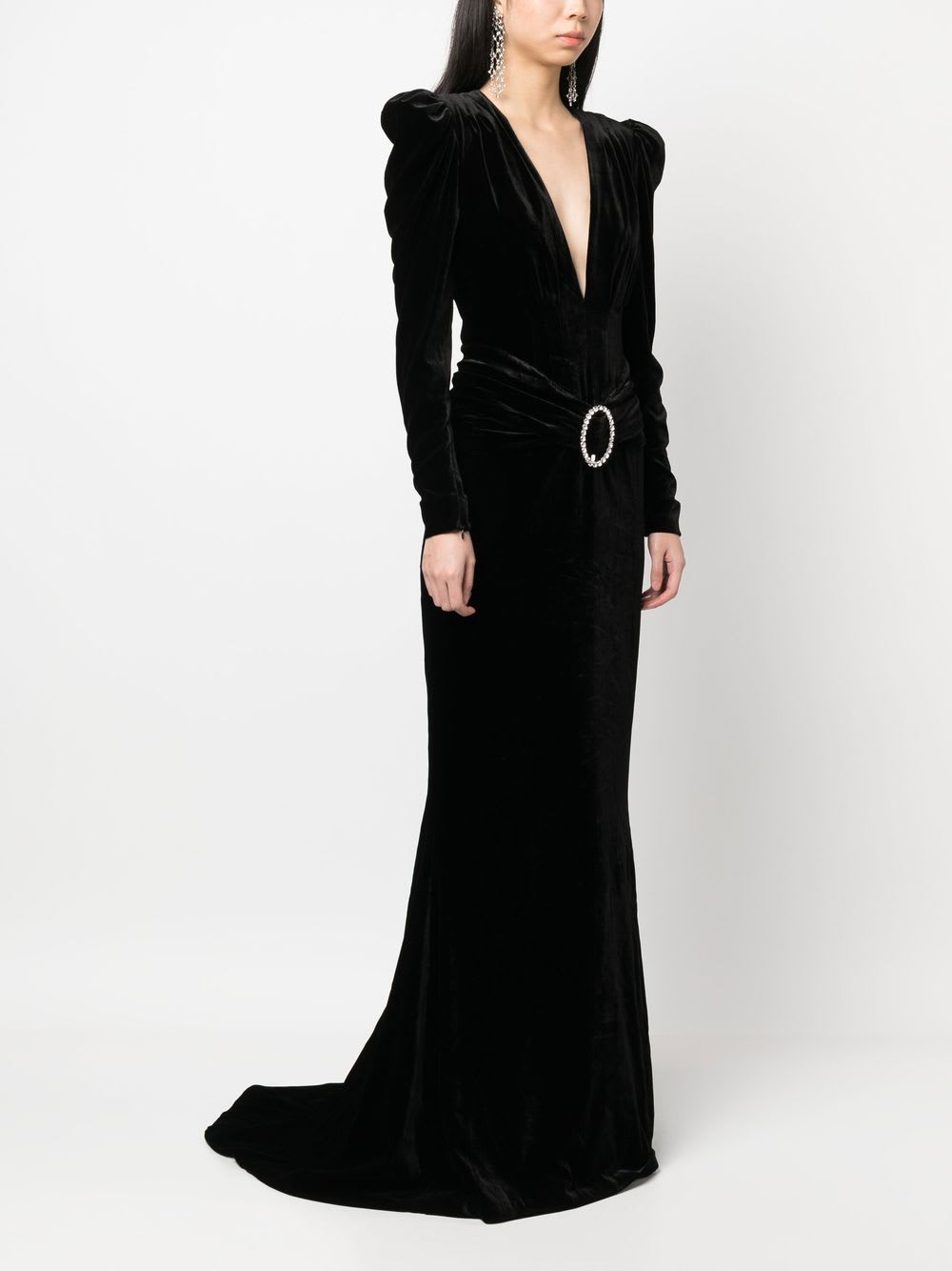 Alessandra Rich Deep Neckline Velvet Long Dress In Black