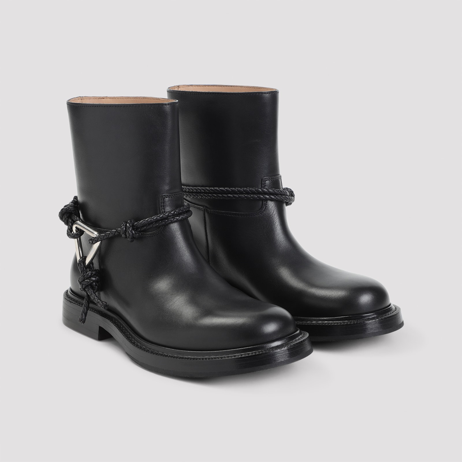 Bottega Veneta Women Black Ankle Boots With Metallic Detail On The Side And Applied Laces In Leather In Black