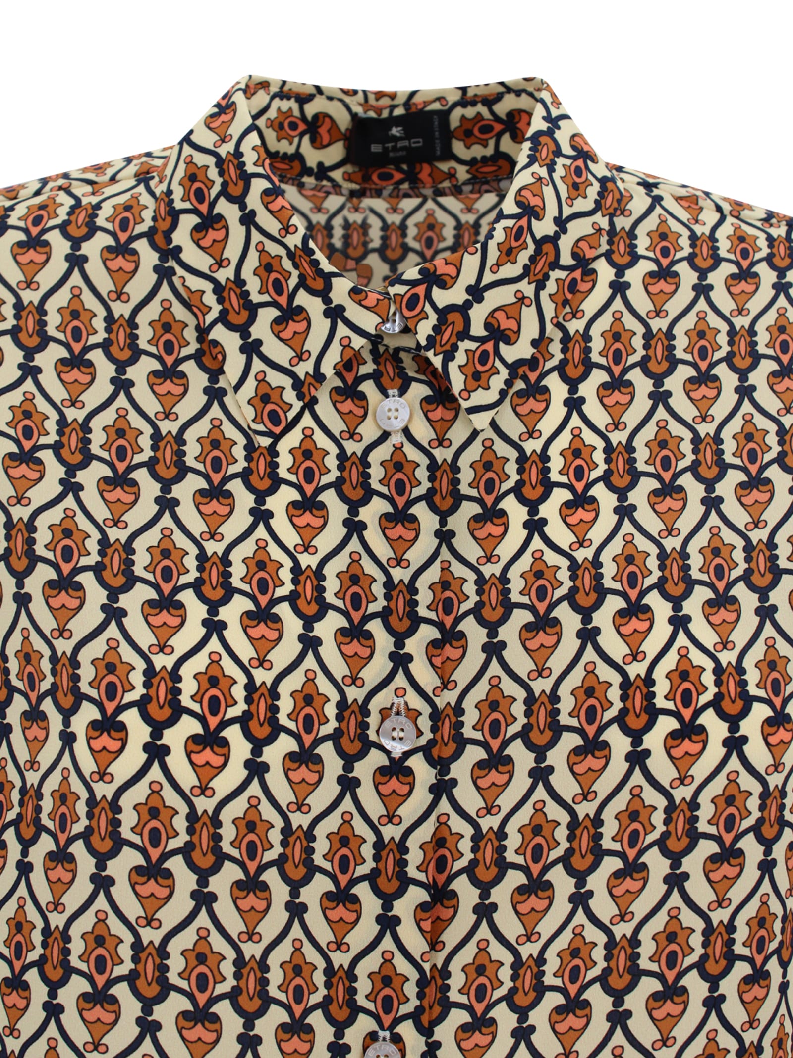 Etro Silk Long Sleeve Shirt With Geometric Print In Brown