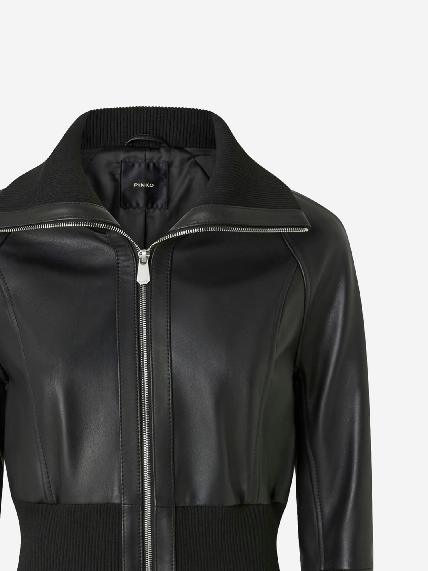 Pinko Short Jacket In Nappa Leather And Knit Fabric In Black