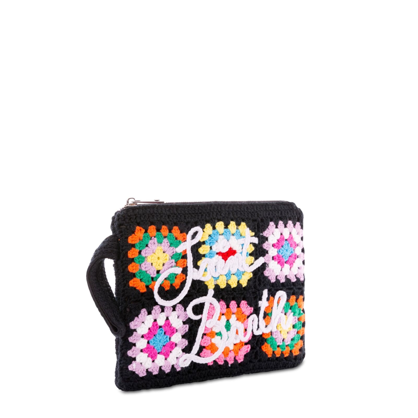 Shop Mc2 Saint Barth Parisienne Black Crochet Pouch Bag With Saint Barth Embroidery