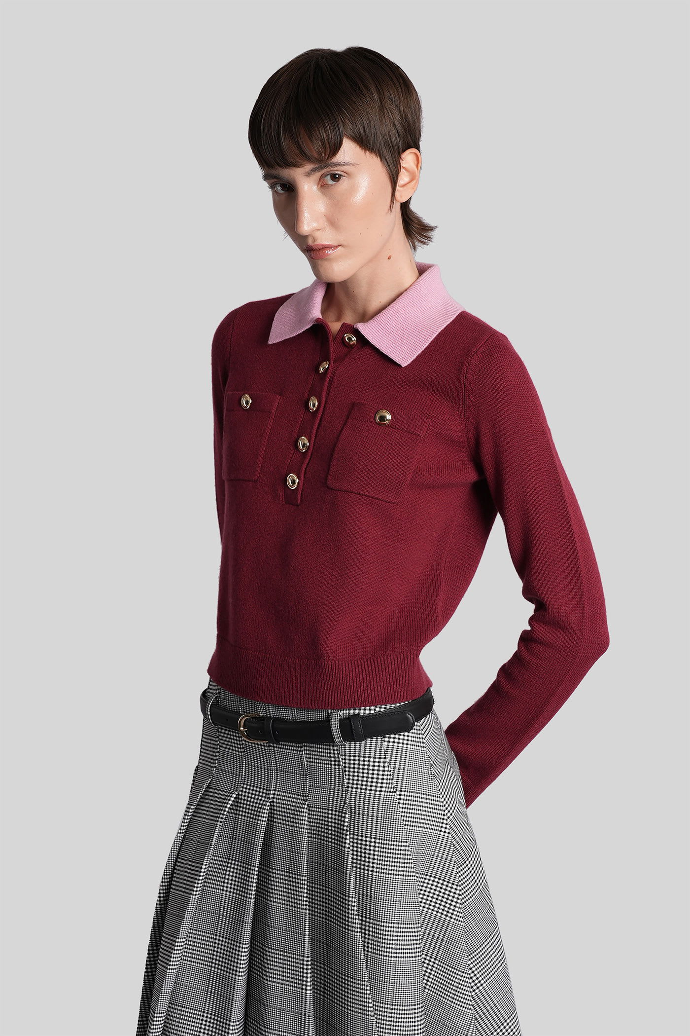 Self-portrait Contrast Collar Jumper Knitwear Bordeaux In Burgundy