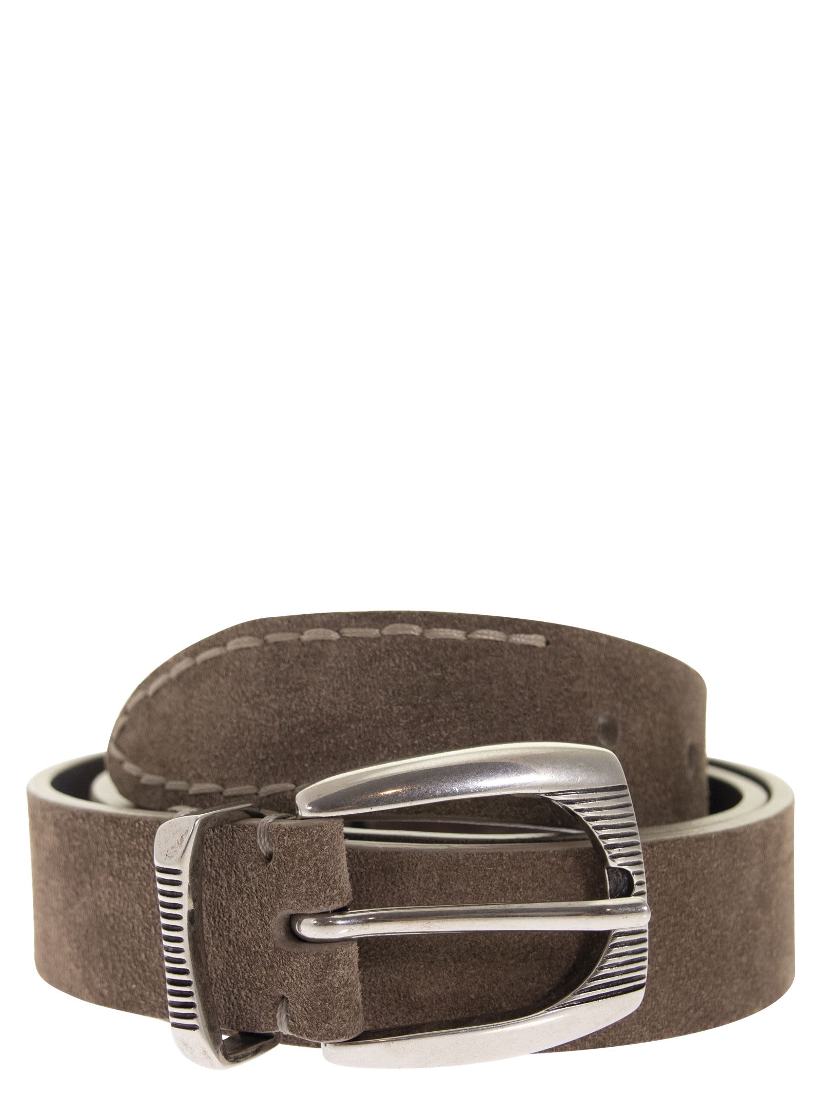 Brunello Cucinelli Reversed Leather Belt With Stitching And Detailed Buckle