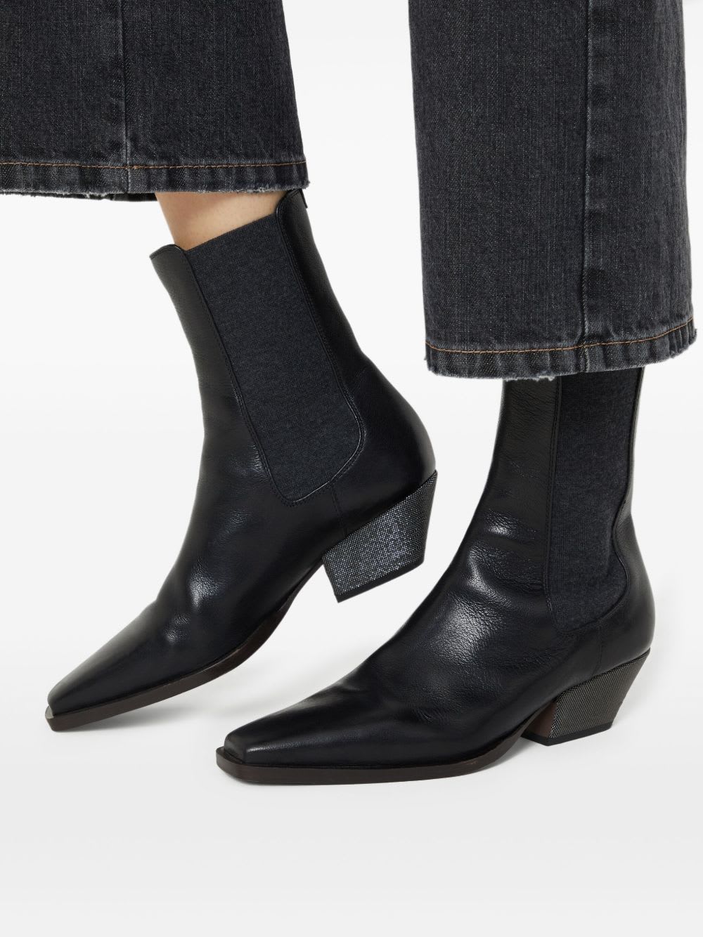 Brunello Cucinelli Leather Ankle Boots Cuban Heel In Black