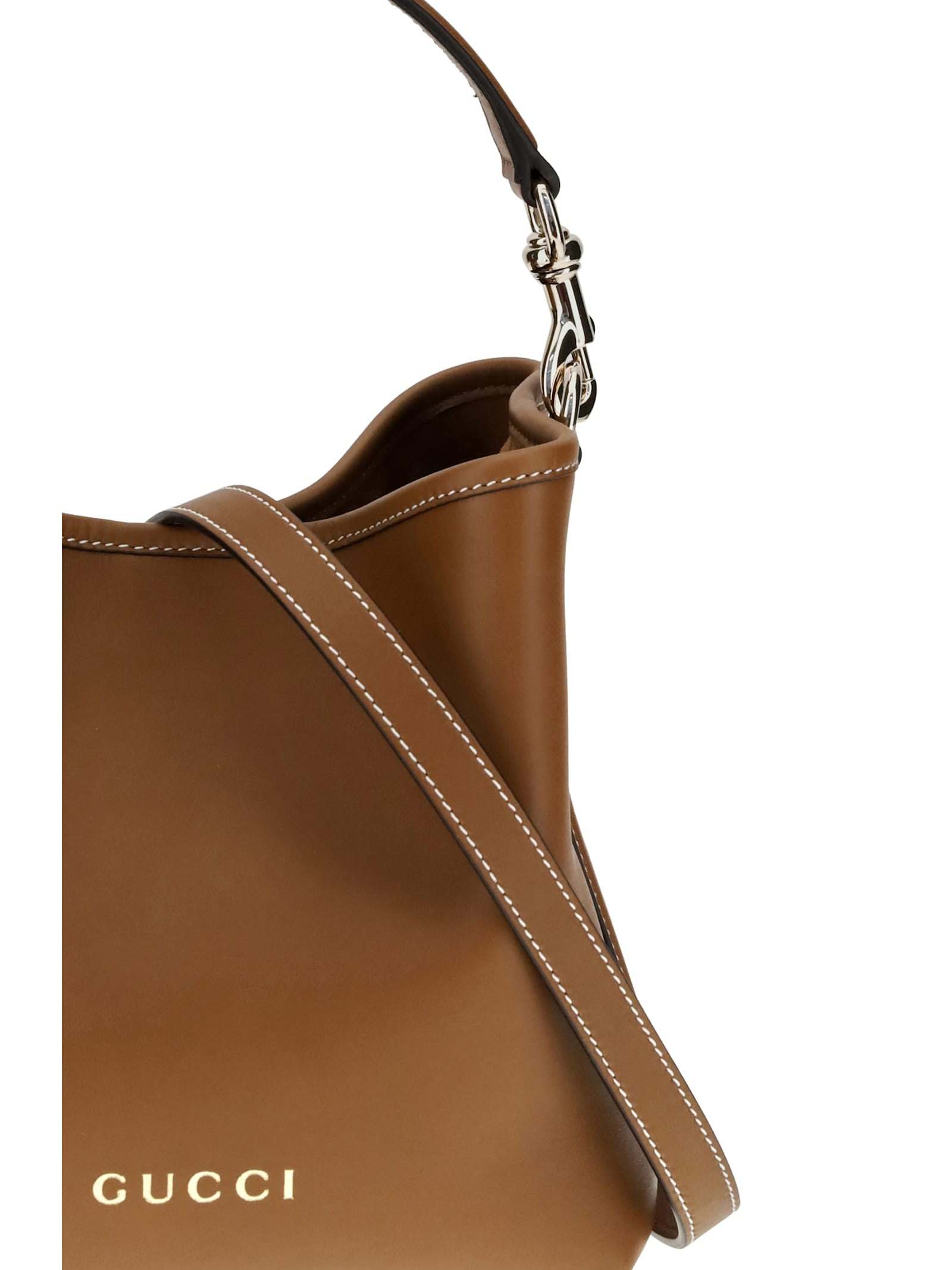 Gucci Gg Emblem Leather Bucket Bag With Frontal Logo In Brown