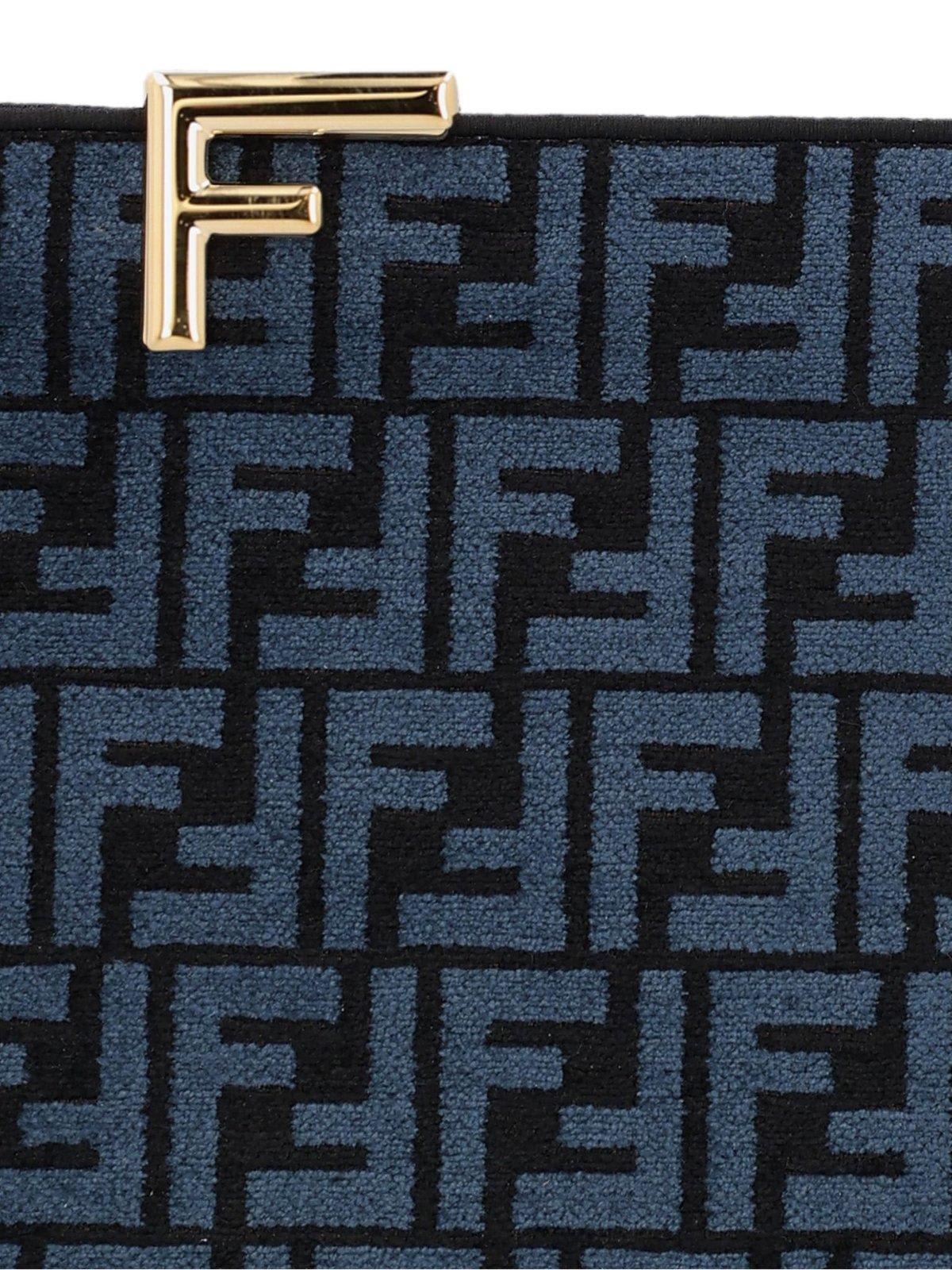 Shop Fendi Logo Plaque Monogram Jacquard Clutch Bag In Blu+nero+oro Soft