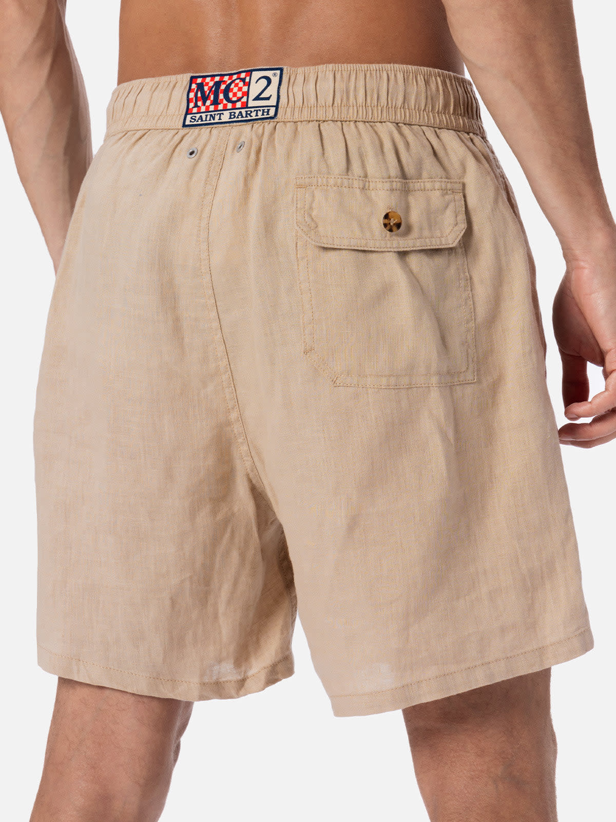 Mc2 Saint Barth Man Mid-length Beige Linen Swim-shorts Gustavia In White