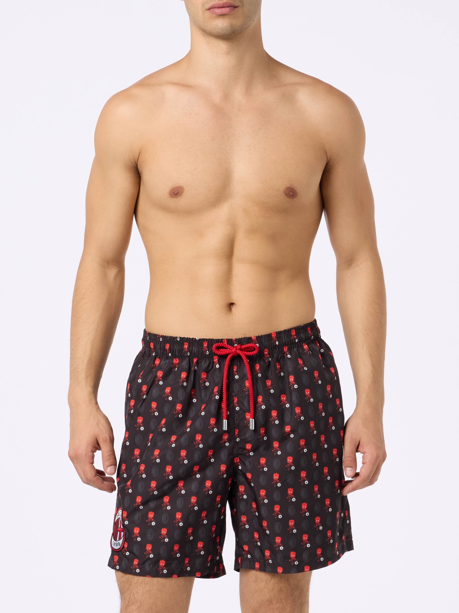 Mc2 Saint Barth Man Lightweight Fabric Swim Shorts With Milan Logo Print And Patch Ac Milan Special Edition In Black